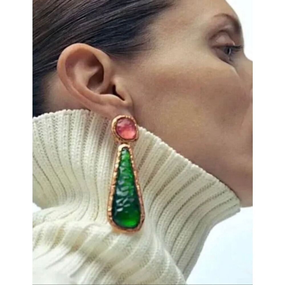 Zara Statement Green & Pink Drop Earrings Gold Tone Oversized Teardrop Dangle